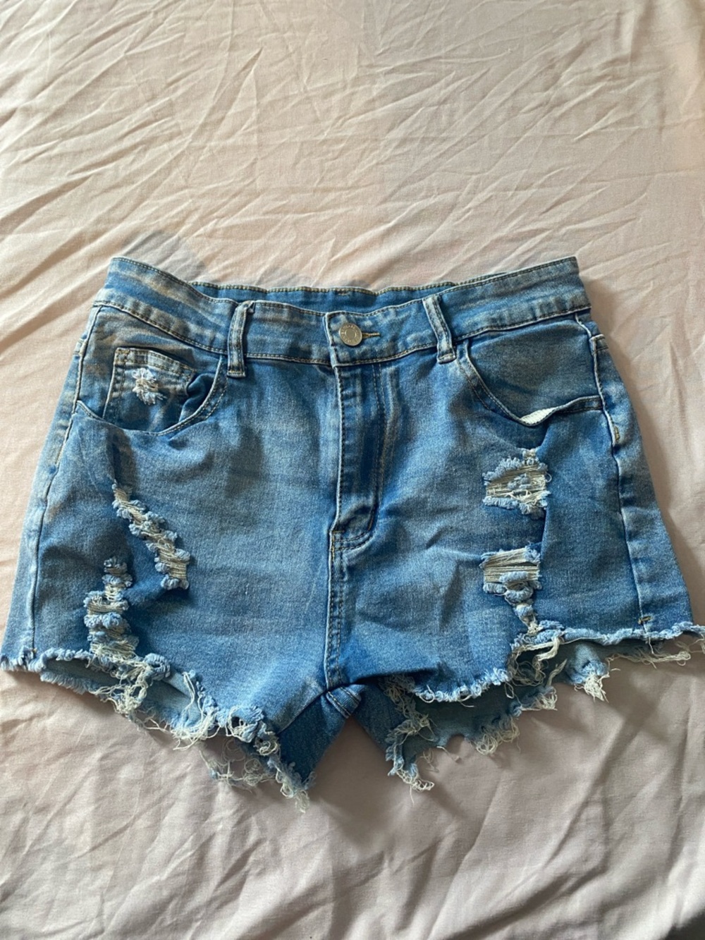 Distressed Mid-Rise Women's Denim Shorts - Blue